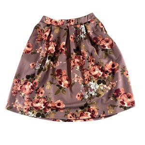 Piphany Floral Pleated Mini Skirt Mauve Rose Print Elastic Waist Womens Small